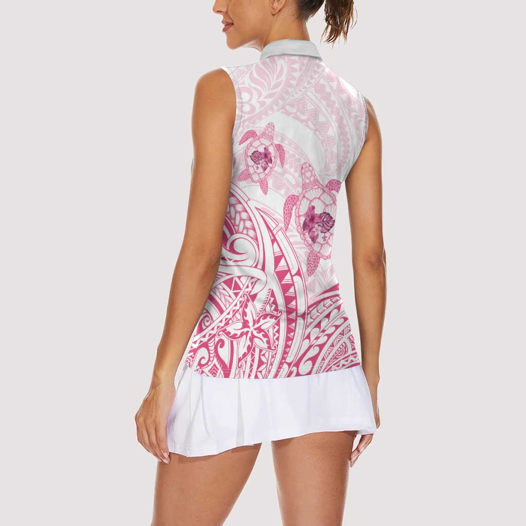 Pink White Polynesia Floral Sea Turtle Women Sleeveless Polo Shirt - Polynesian Pride