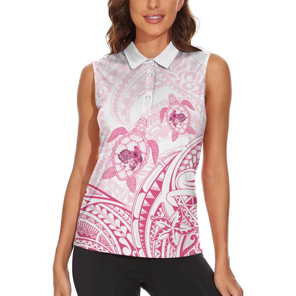 Pink White Polynesia Floral Sea Turtle Women Sleeveless Polo Shirt - Polynesian Pride