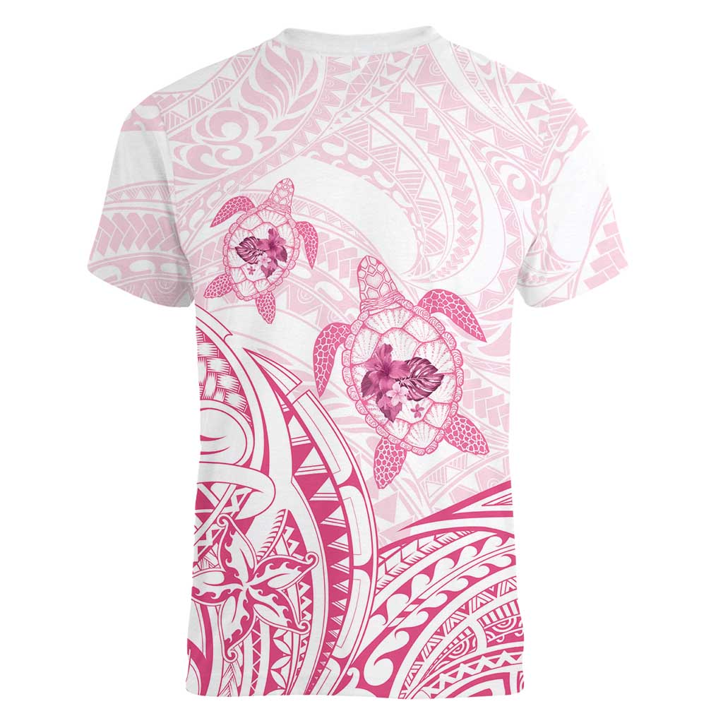 Pink White Polynesia Floral Sea Turtle Women V-Neck T-Shirt - Polynesian Pride