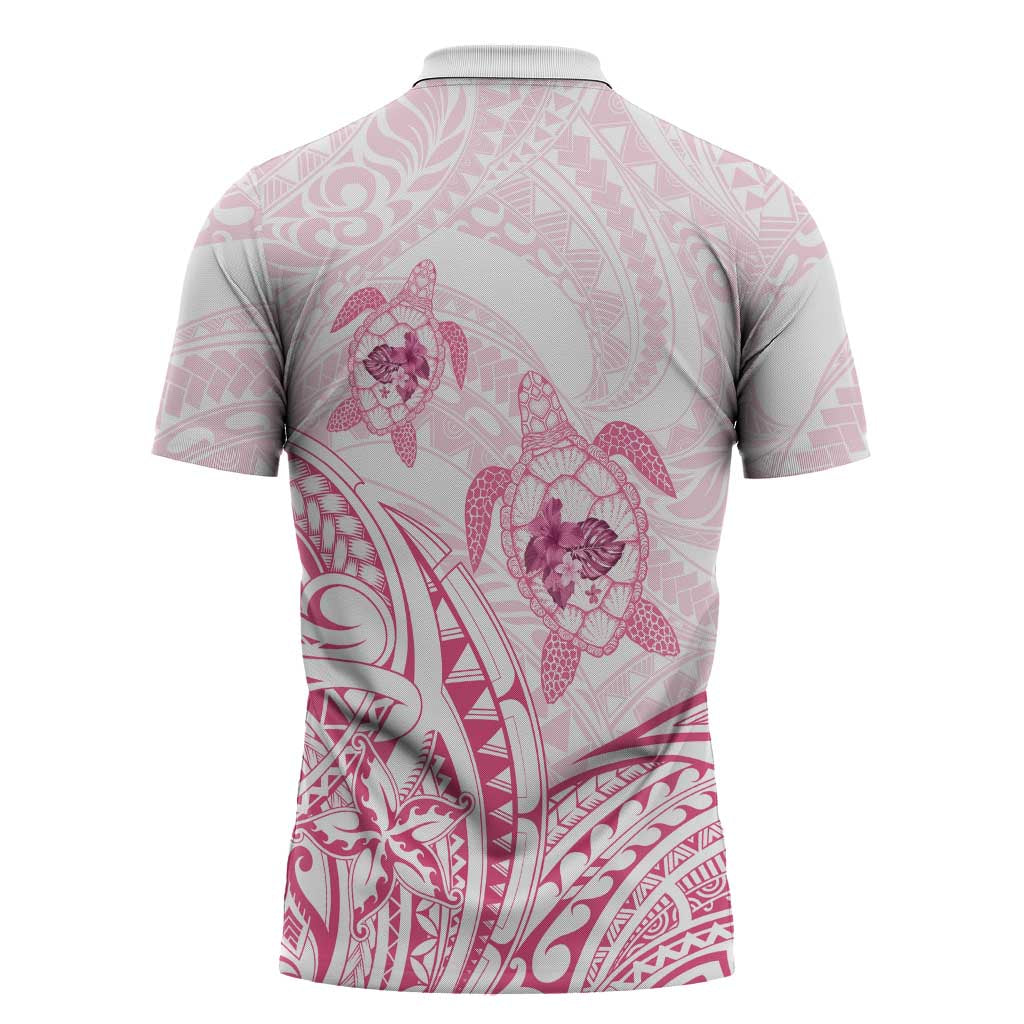 Pink White Polynesia Floral Sea Turtle Zipper Polo Shirt - Polynesian Pride