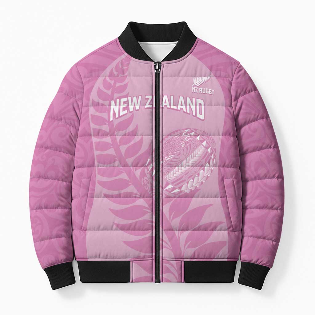 Custom New Zealand Silver Fern Rugby 2025 Bomber Puffer Jacket All Black Aotearoa Maori Pink LT14 Unisex Pink - Polynesian Pride