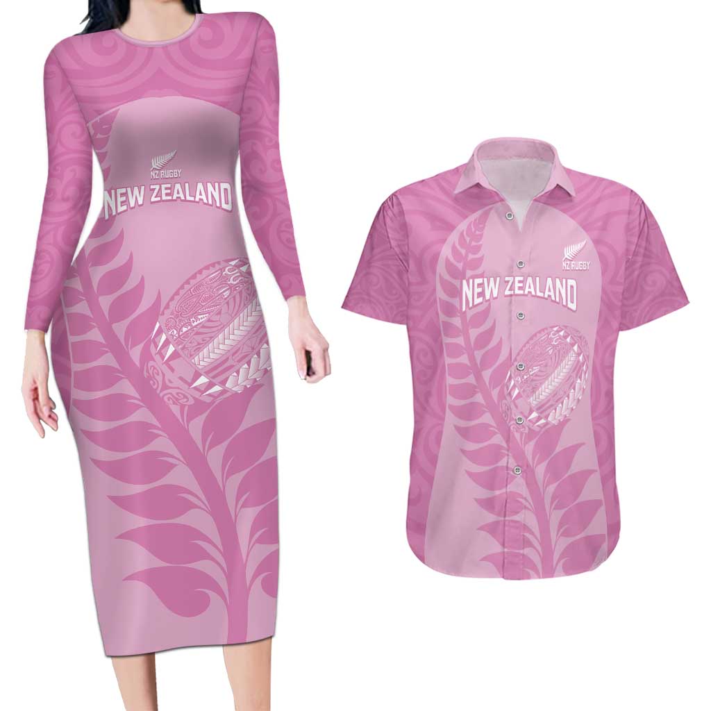 Custom New Zealand Silver Fern Rugby 2025 Couples Matching Long Sleeve Bodycon Dress and Hawaiian Shirt All Black Aotearoa Maori Pink LT14 Pink - Polynesian Pride
