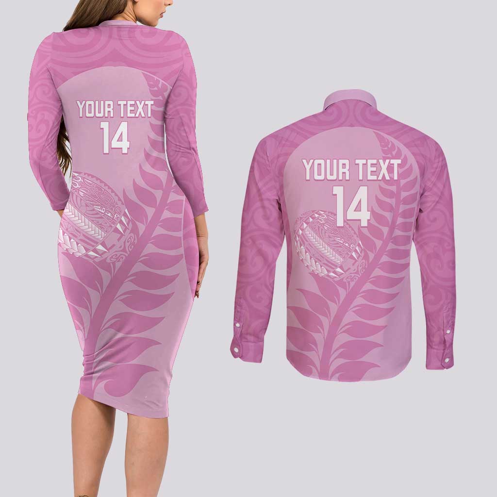 Custom New Zealand Silver Fern Rugby 2025 Couples Matching Long Sleeve Bodycon Dress and Long Sleeve Button Shirt All Black Aotearoa Maori Pink LT14 - Polynesian Pride