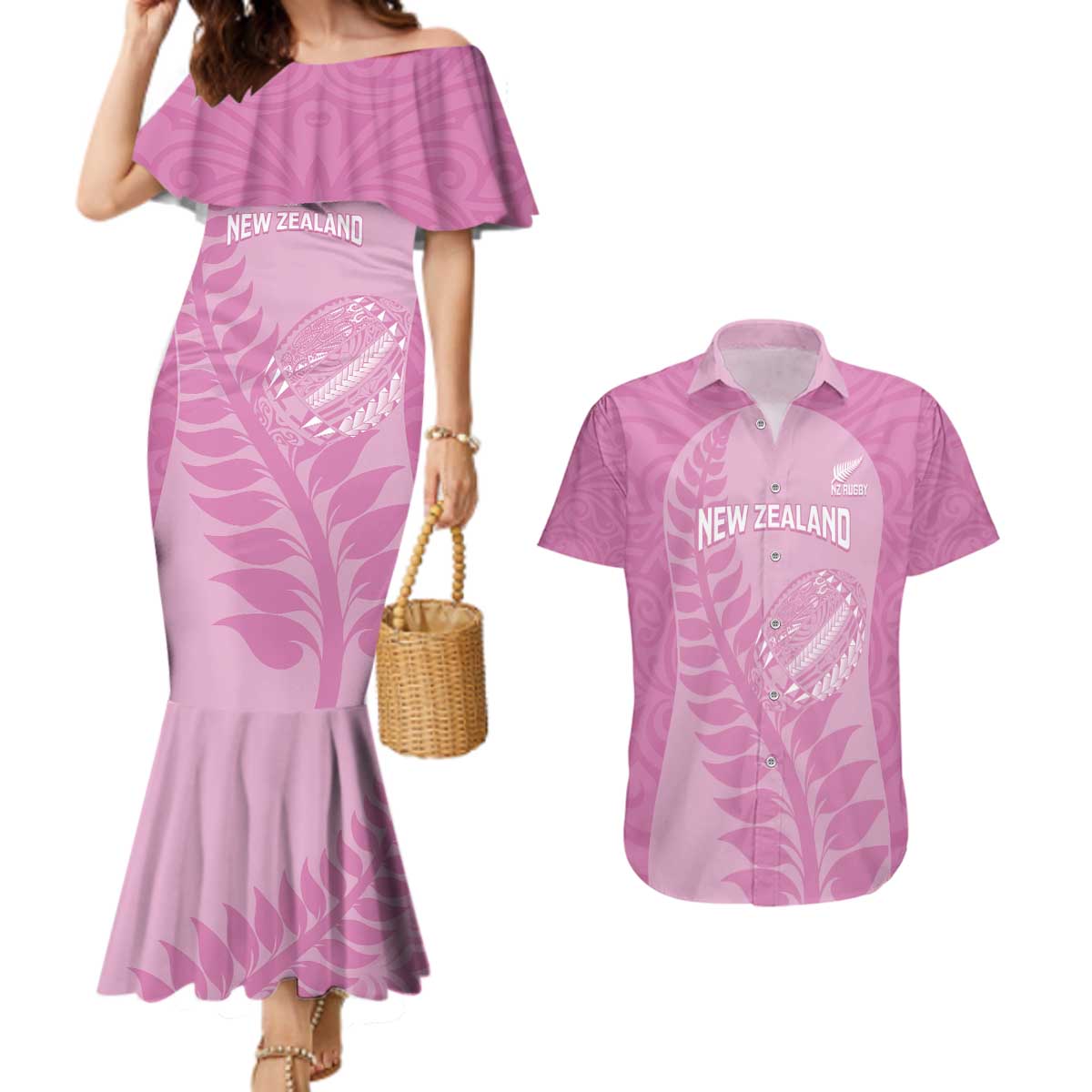 Custom New Zealand Silver Fern Rugby 2025 Couples Matching Mermaid Dress and Hawaiian Shirt All Black Aotearoa Maori Pink LT14 Pink - Polynesian Pride