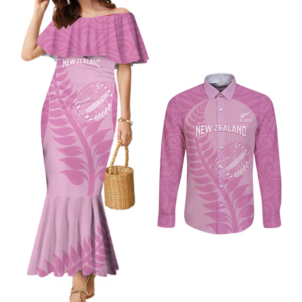 Custom New Zealand Silver Fern Rugby 2025 Couples Matching Mermaid Dress and Long Sleeve Button Shirt All Black Aotearoa Maori Pink LT14 Pink - Polynesian Pride