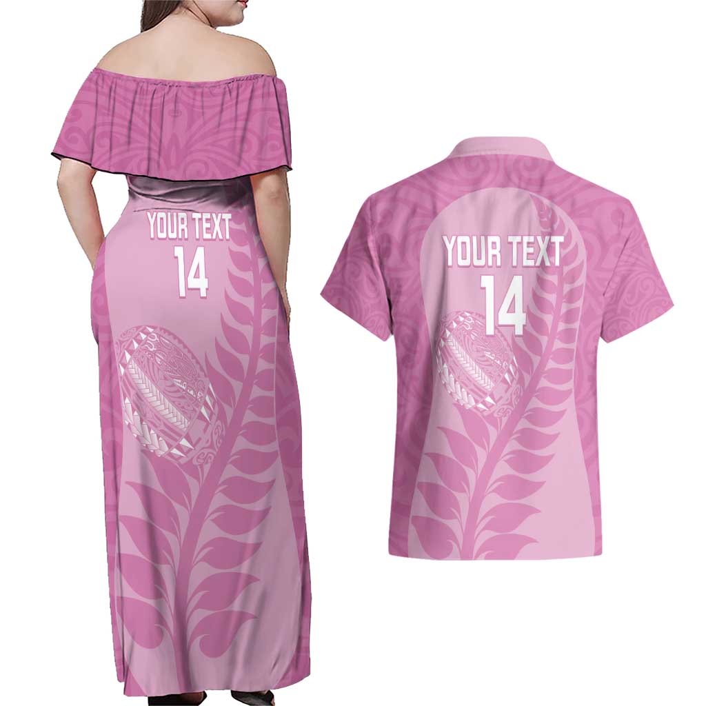 Custom New Zealand Silver Fern Rugby 2025 Couples Matching Off Shoulder Maxi Dress and Hawaiian Shirt All Black Aotearoa Maori Pink LT14 - Polynesian Pride