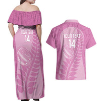 Custom New Zealand Silver Fern Rugby 2025 Couples Matching Off Shoulder Maxi Dress and Hawaiian Shirt All Black Aotearoa Maori Pink LT14 - Polynesian Pride