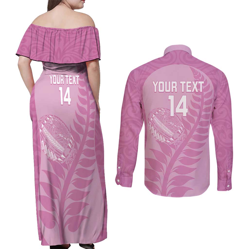 Custom New Zealand Silver Fern Rugby 2025 Couples Matching Off Shoulder Maxi Dress and Long Sleeve Button Shirt All Black Aotearoa Maori Pink LT14 - Polynesian Pride