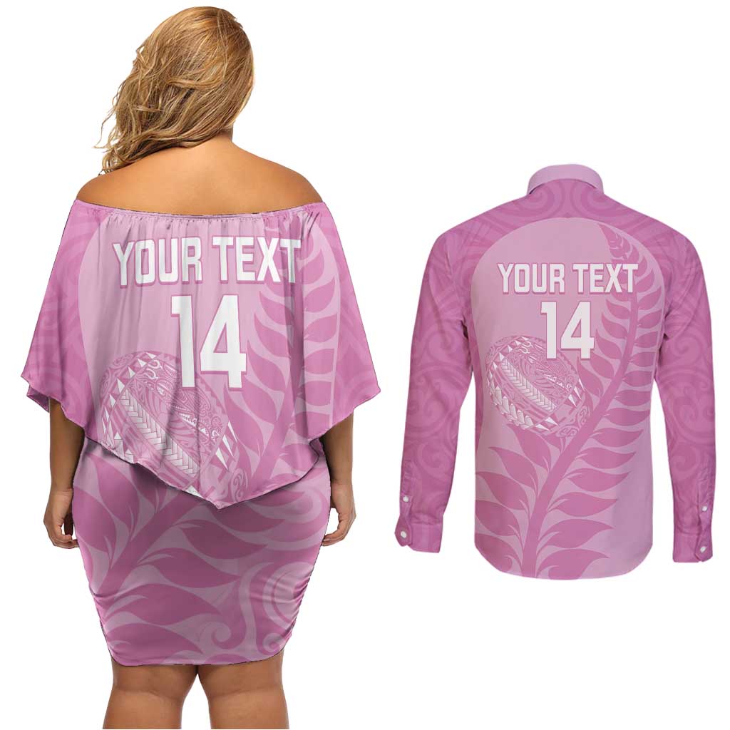 Custom New Zealand Silver Fern Rugby 2025 Couples Matching Off Shoulder Short Dress and Long Sleeve Button Shirt All Black Aotearoa Maori Pink LT14 - Polynesian Pride