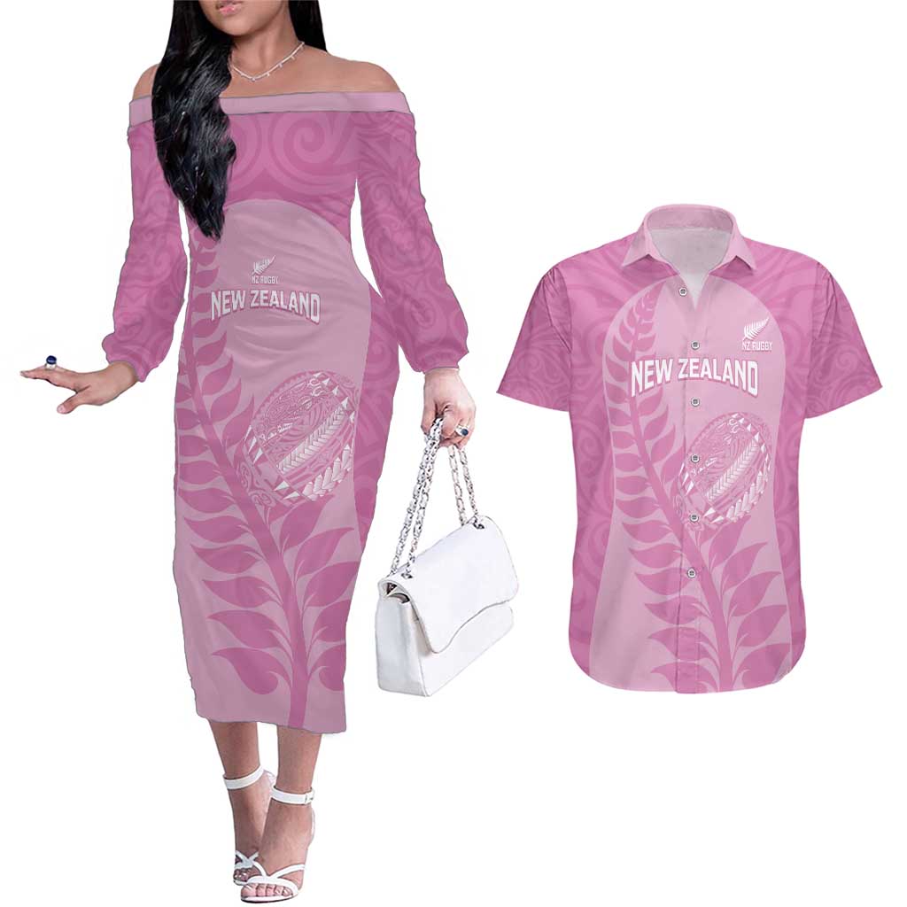 Custom New Zealand Silver Fern Rugby 2025 Couples Matching Off The Shoulder Long Sleeve Dress and Hawaiian Shirt All Black Aotearoa Maori Pink LT14 Pink - Polynesian Pride