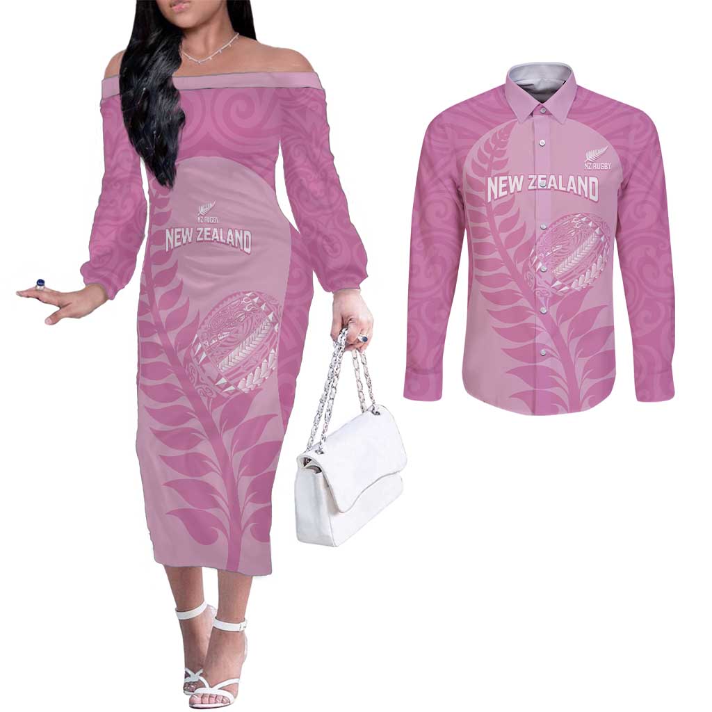 Custom New Zealand Silver Fern Rugby 2025 Couples Matching Off The Shoulder Long Sleeve Dress and Long Sleeve Button Shirt All Black Aotearoa Maori Pink LT14 Pink - Polynesian Pride