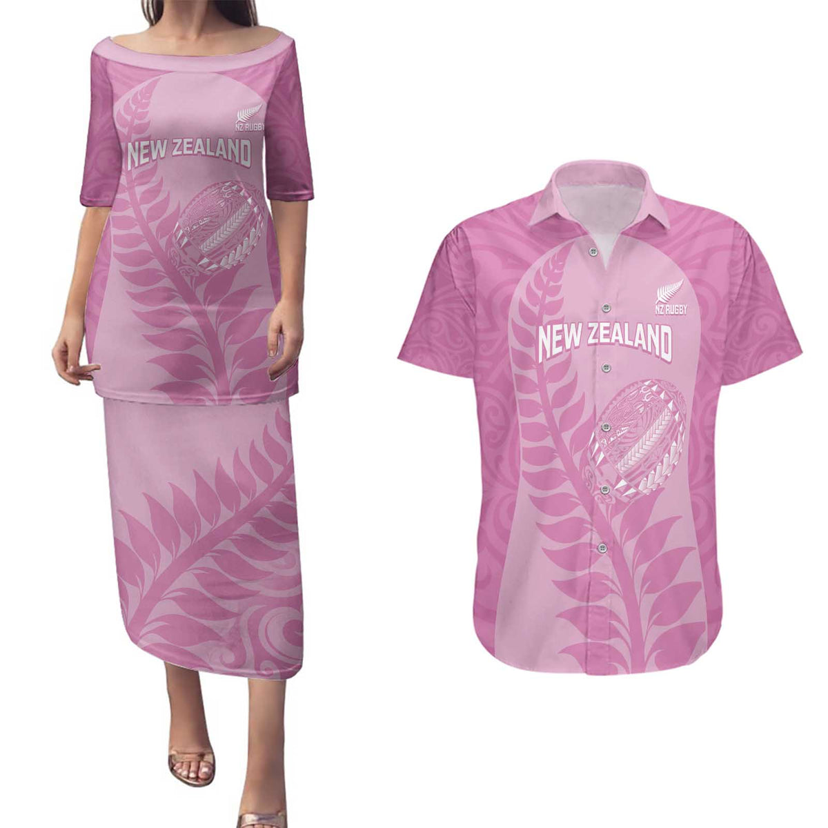 Custom New Zealand Silver Fern Rugby 2025 Couples Matching Puletasi and Hawaiian Shirt All Black Aotearoa Maori Pink LT14 Pink - Polynesian Pride