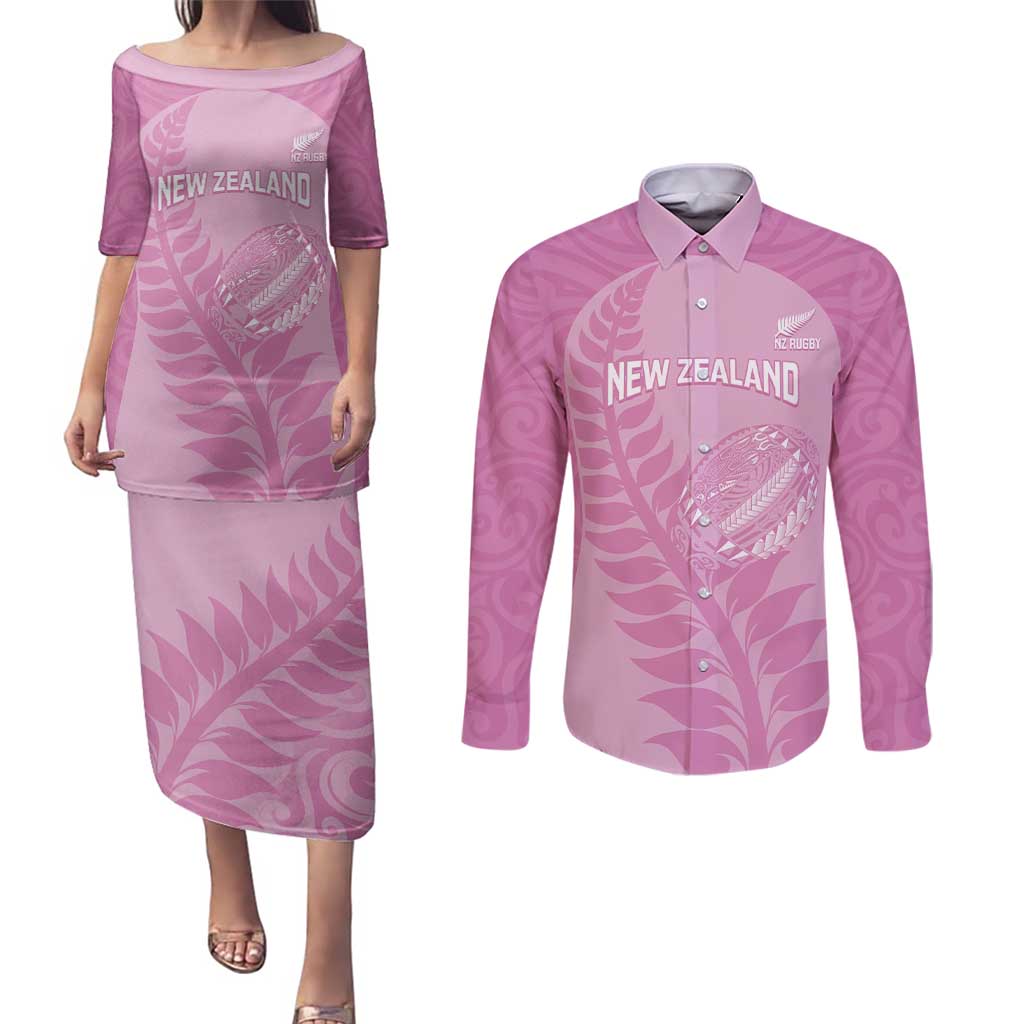 Custom New Zealand Silver Fern Rugby 2025 Couples Matching Puletasi and Long Sleeve Button Shirt All Black Aotearoa Maori Pink LT14 Pink - Polynesian Pride
