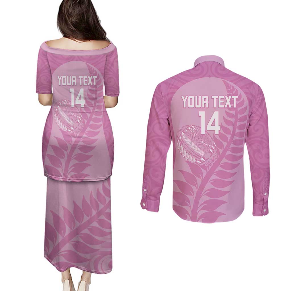Custom New Zealand Silver Fern Rugby 2025 Couples Matching Puletasi and Long Sleeve Button Shirt All Black Aotearoa Maori Pink LT14 - Polynesian Pride