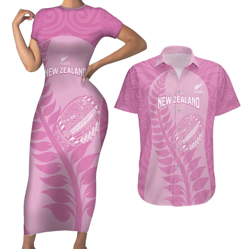 Custom New Zealand Silver Fern Rugby 2025 Couples Matching Short Sleeve Bodycon Dress and Hawaiian Shirt All Black Aotearoa Maori Pink LT14 Pink - Polynesian Pride
