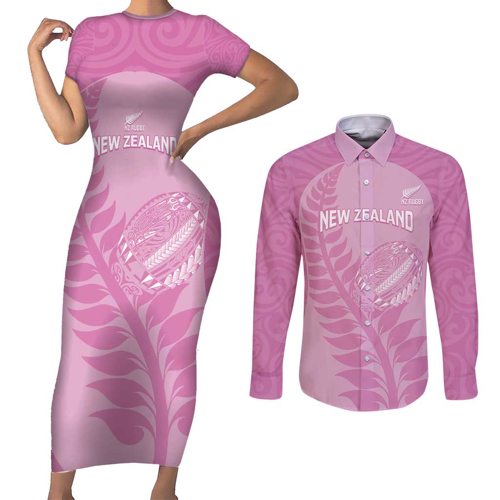 Custom New Zealand Silver Fern Rugby 2025 Couples Matching Short Sleeve Bodycon Dress and Long Sleeve Button Shirt All Black Aotearoa Maori Pink LT14 Pink - Polynesian Pride
