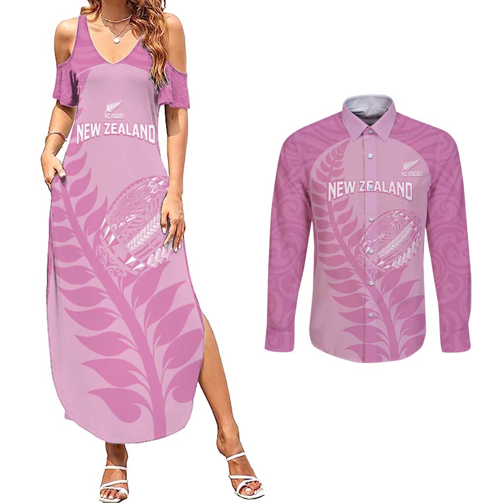 Custom New Zealand Silver Fern Rugby 2025 Couples Matching Summer Maxi Dress and Long Sleeve Button Shirt All Black Aotearoa Maori Pink LT14 Pink - Polynesian Pride
