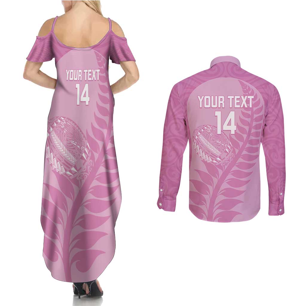 Custom New Zealand Silver Fern Rugby 2025 Couples Matching Summer Maxi Dress and Long Sleeve Button Shirt All Black Aotearoa Maori Pink LT14 - Polynesian Pride
