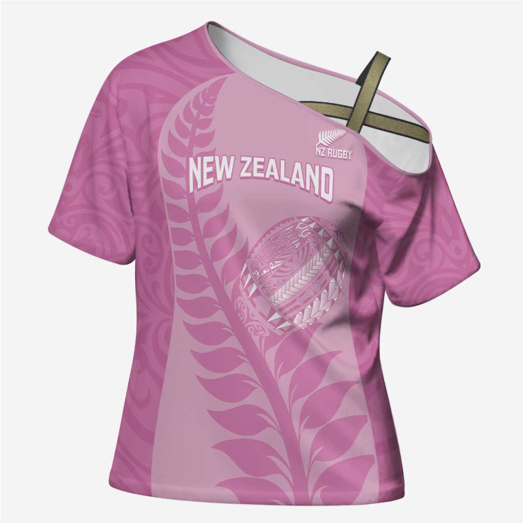 Custom New Zealand Silver Fern Rugby 2025 Cross Shoulder Shirt All Black Aotearoa Maori Pink - Polynesian Pride