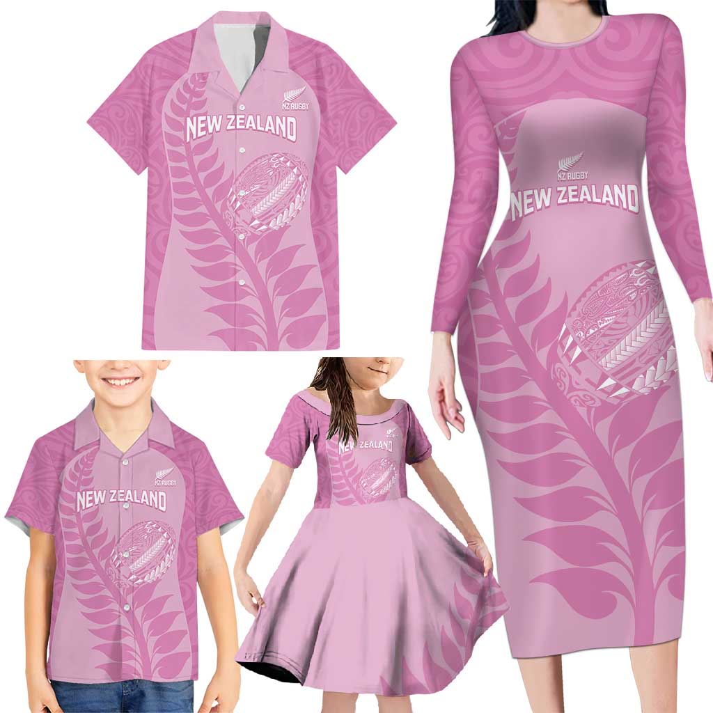 Custom New Zealand Silver Fern Rugby 2025 Family Matching Long Sleeve Bodycon Dress and Hawaiian Shirt All Black Aotearoa Maori Pink LT14 - Polynesian Pride