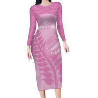 Custom New Zealand Silver Fern Rugby 2025 Family Matching Long Sleeve Bodycon Dress and Hawaiian Shirt All Black Aotearoa Maori Pink LT14 Mom's Dress Pink - Polynesian Pride