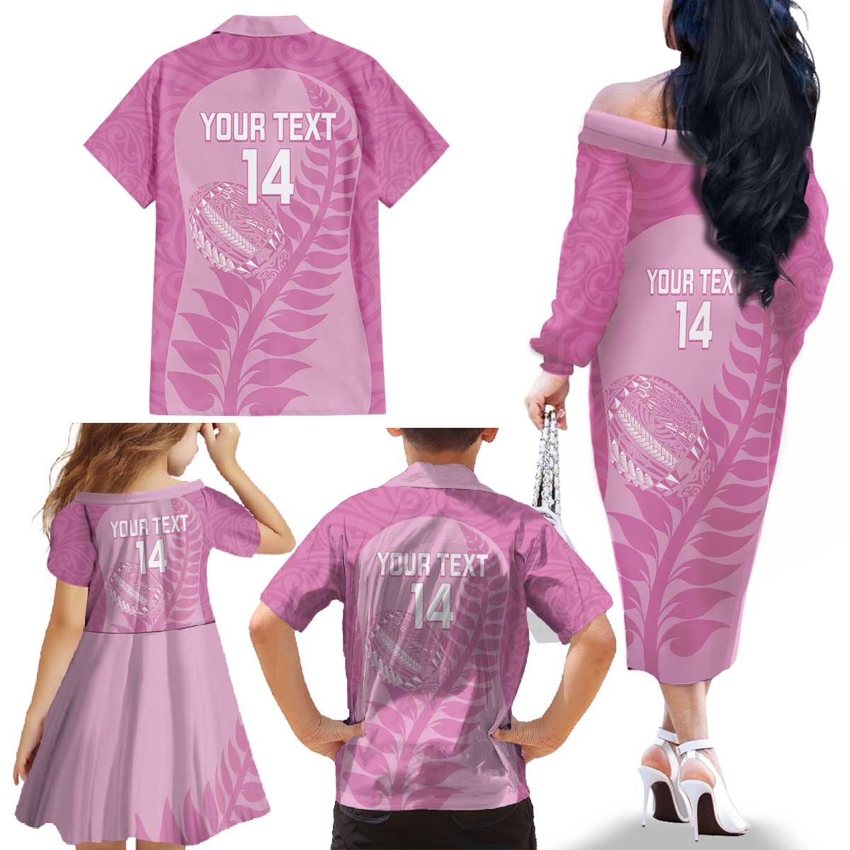 Custom New Zealand Silver Fern Rugby 2025 Family Matching Off The Shoulder Long Sleeve Dress and Hawaiian Shirt All Black Aotearoa Maori Pink LT14 - Polynesian Pride