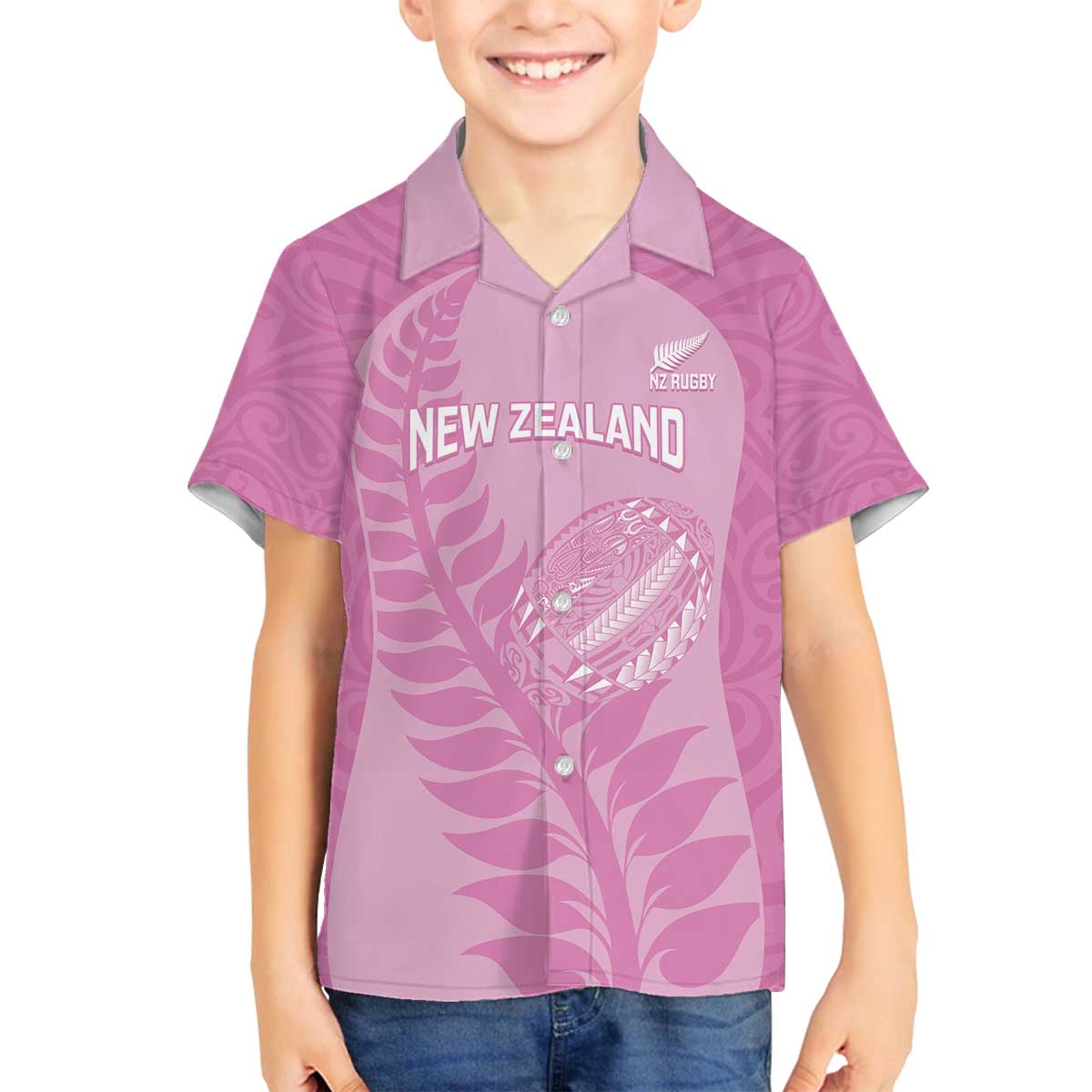 Custom New Zealand Silver Fern Rugby 2025 Family Matching Off The Shoulder Long Sleeve Dress and Hawaiian Shirt All Black Aotearoa Maori Pink LT14 Son's Shirt Pink - Polynesian Pride