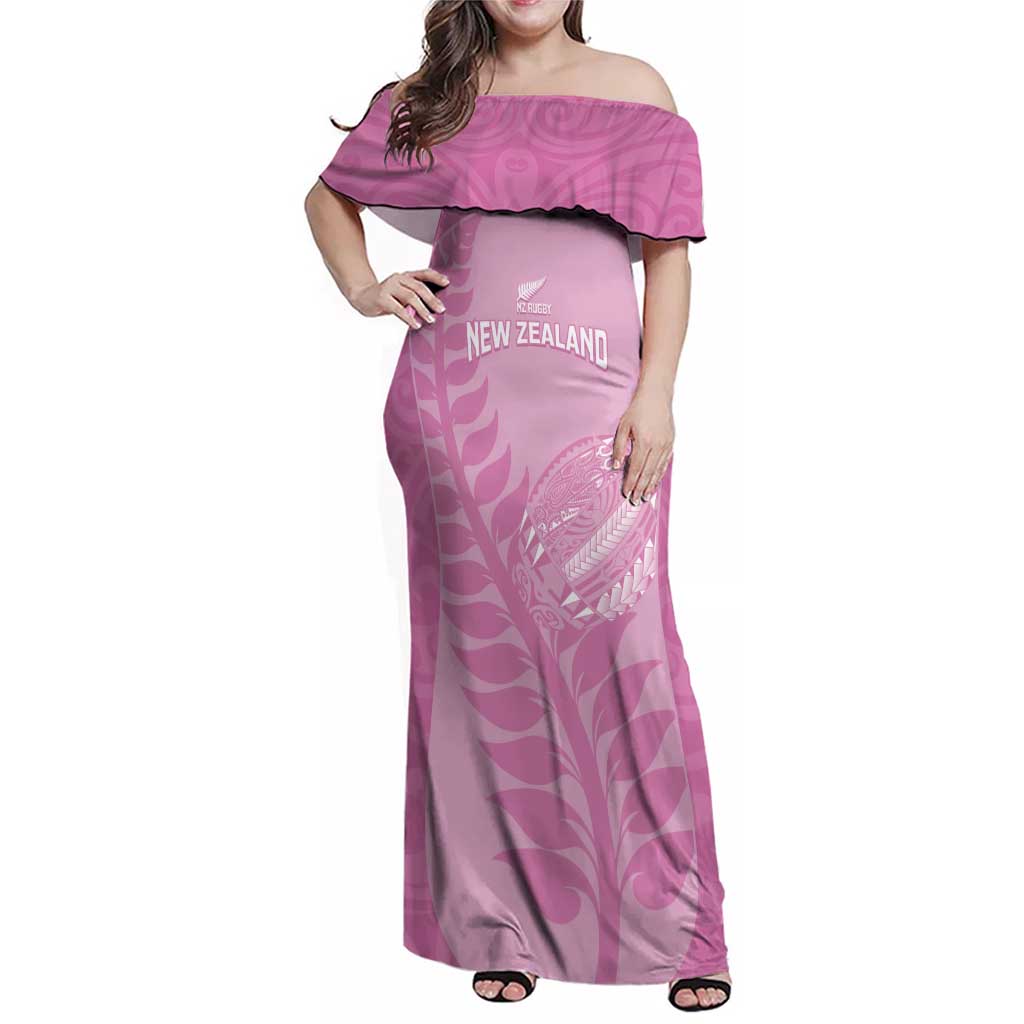 Custom New Zealand Silver Fern Rugby 2025 Family Matching Off Shoulder Maxi Dress and Hawaiian Shirt All Black Aotearoa Maori Pink LT14 Mom's Dress Pink - Polynesian Pride