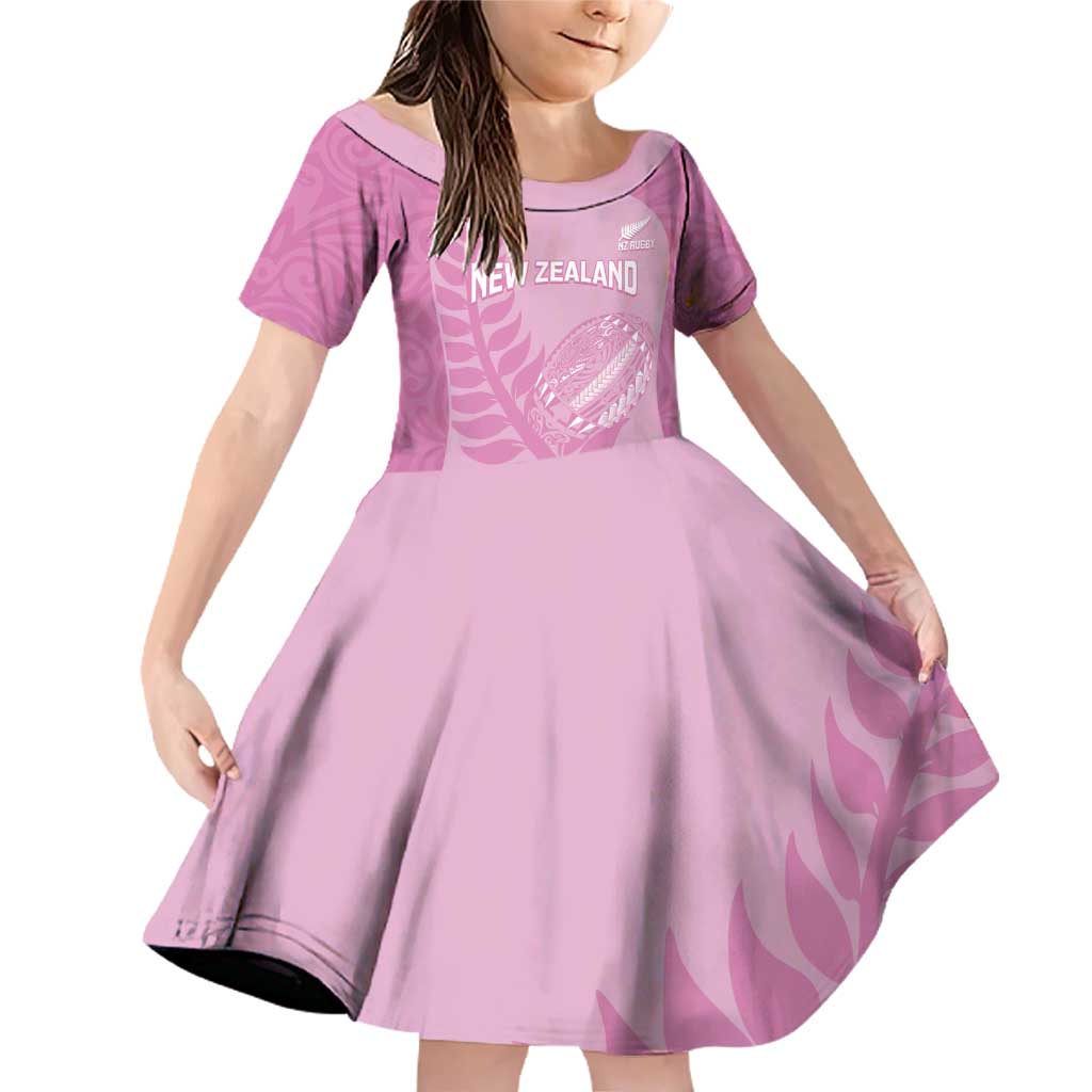 Custom New Zealand Silver Fern Rugby 2025 Family Matching Off Shoulder Short Dress and Hawaiian Shirt All Black Aotearoa Maori Pink LT14 Daughter's Dress Pink - Polynesian Pride