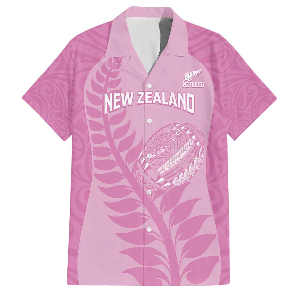 Custom New Zealand Silver Fern Rugby 2025 Family Matching Off Shoulder Short Dress and Hawaiian Shirt All Black Aotearoa Maori Pink LT14 Dad's Shirt - Short Sleeve Pink - Polynesian Pride