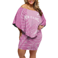 Custom New Zealand Silver Fern Rugby 2025 Family Matching Off Shoulder Short Dress and Hawaiian Shirt All Black Aotearoa Maori Pink LT14 Mom's Dress Pink - Polynesian Pride