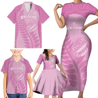 Custom New Zealand Silver Fern Rugby 2025 Family Matching Short Sleeve Bodycon Dress and Hawaiian Shirt All Black Aotearoa Maori Pink LT14 - Polynesian Pride