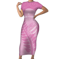 Custom New Zealand Silver Fern Rugby 2025 Family Matching Short Sleeve Bodycon Dress and Hawaiian Shirt All Black Aotearoa Maori Pink LT14 Mom's Dress Pink - Polynesian Pride