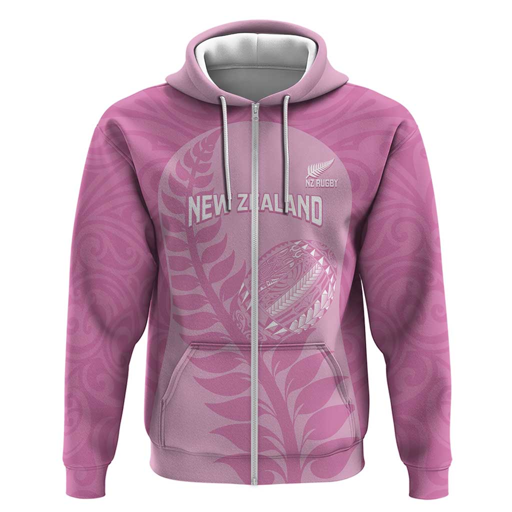 Custom New Zealand Silver Fern Rugby 2025 Hoodie All Black Aotearoa Maori Pink LT14 Zip Hoodie Pink - Polynesian Pride
