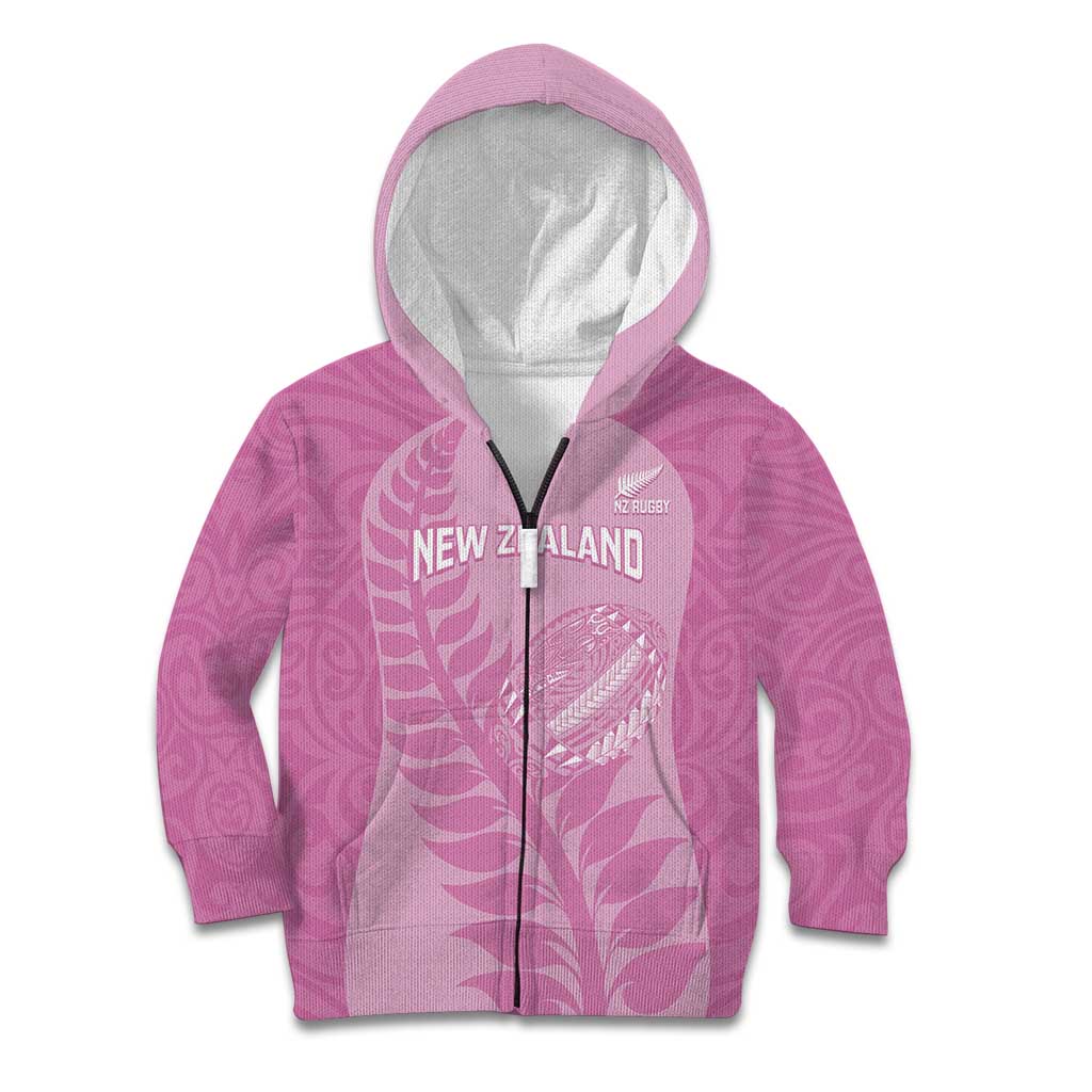 Custom New Zealand Silver Fern Rugby 2025 Kid Hoodie All Black Aotearoa Maori Pink LT14 Zip Hoodie Pink - Polynesian Pride