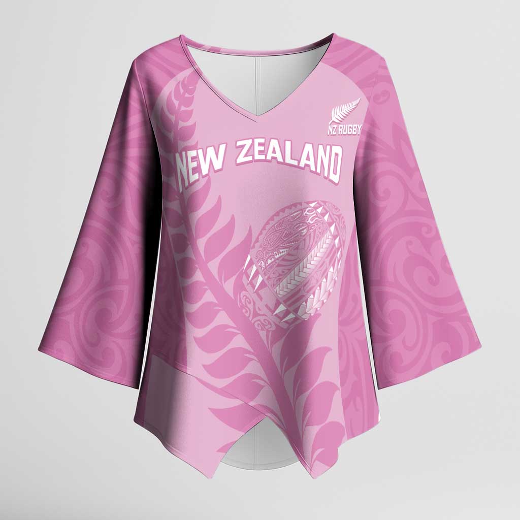 Custom New Zealand Silver Fern Rugby 2025 Kimono Sleeve Blouse All Black Aotearoa Maori Pink LT14 Female Pink - Polynesian Pride