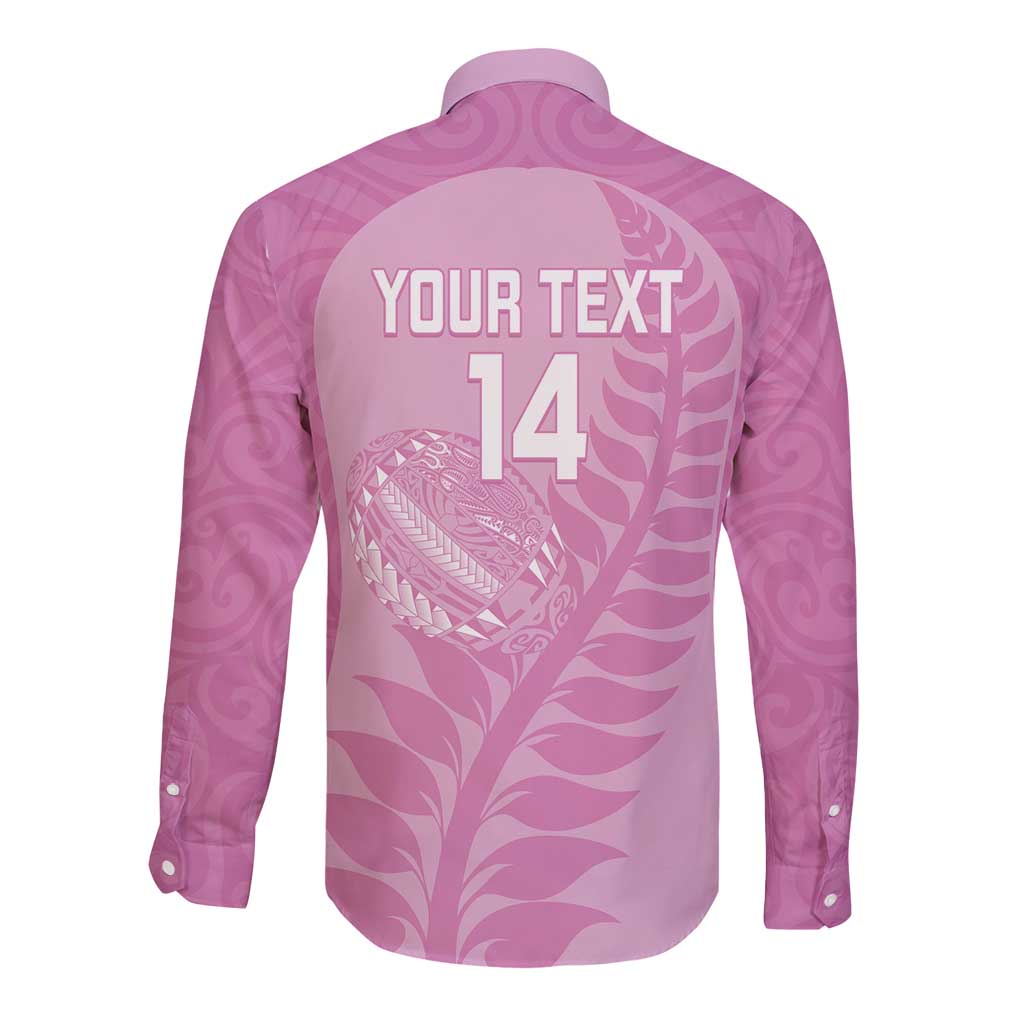 Custom New Zealand Silver Fern Rugby 2025 Long Sleeve Button Shirt All Black Aotearoa Maori Pink LT14 - Polynesian Pride
