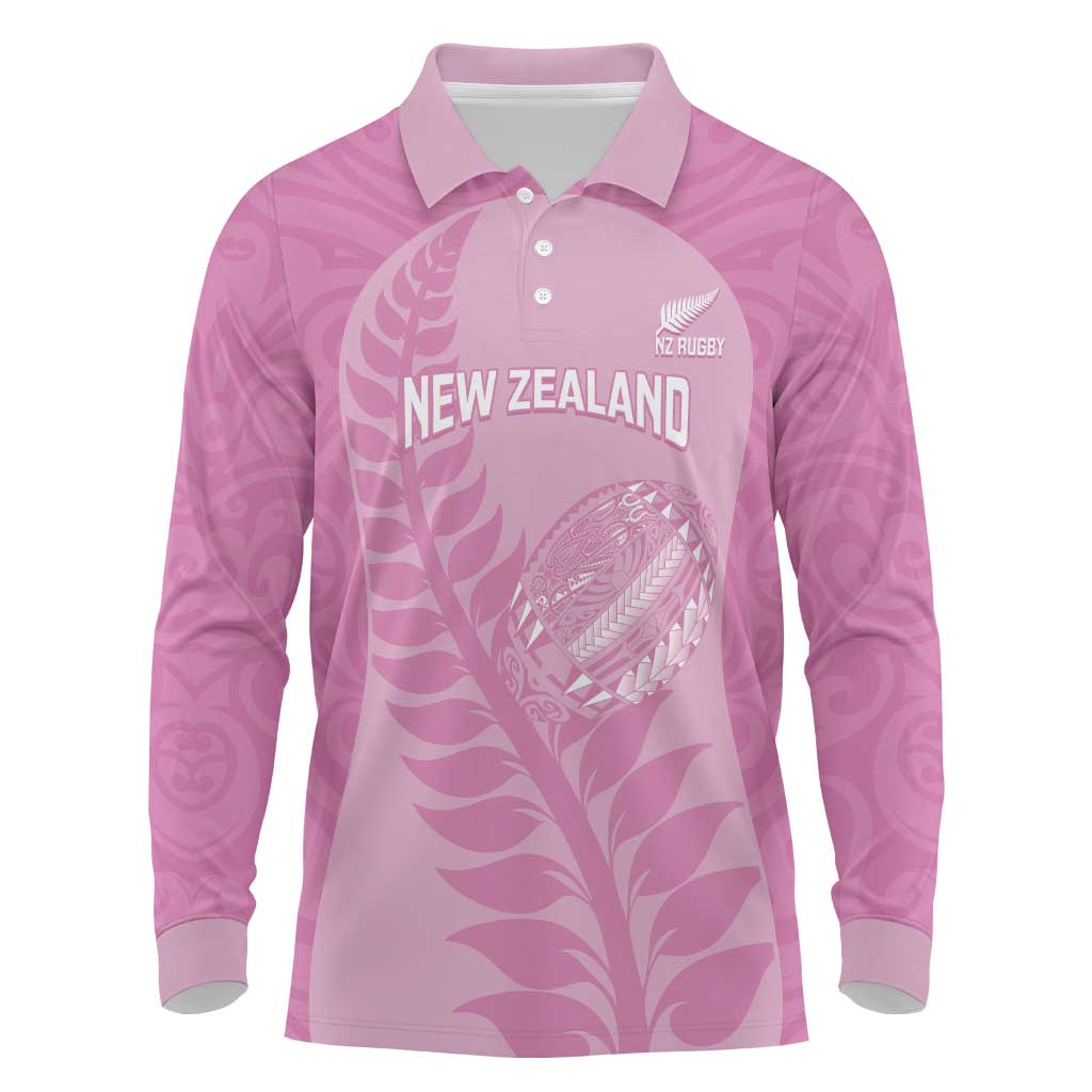 Custom New Zealand Silver Fern Rugby 2025 Long Sleeve Polo Shirt All Black Aotearoa Maori Pink LT14 Pink - Polynesian Pride