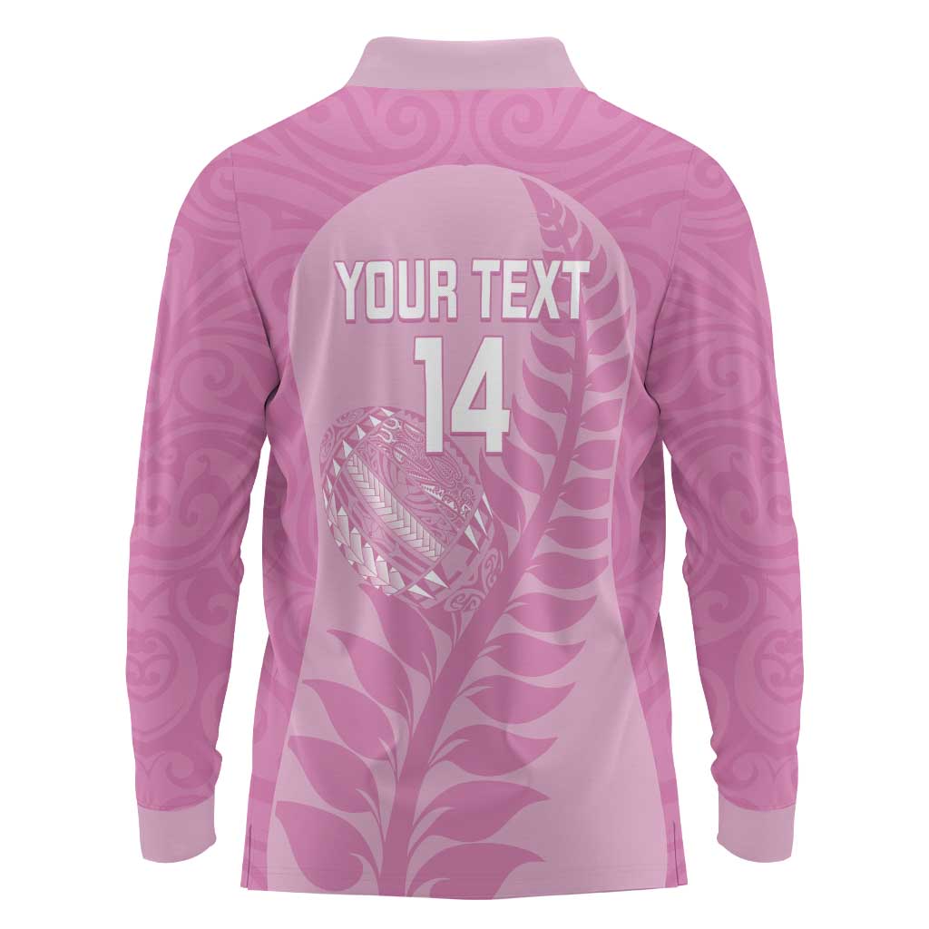 Custom New Zealand Silver Fern Rugby 2025 Long Sleeve Polo Shirt All Black Aotearoa Maori Pink LT14 - Polynesian Pride
