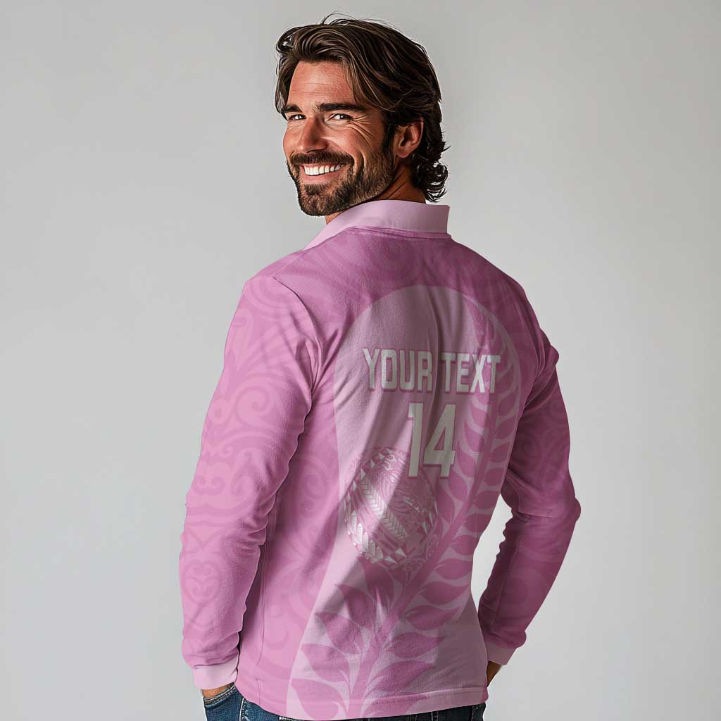 Custom New Zealand Silver Fern Rugby 2025 Long Sleeve Polo Shirt All Black Aotearoa Maori Pink LT14 - Polynesian Pride