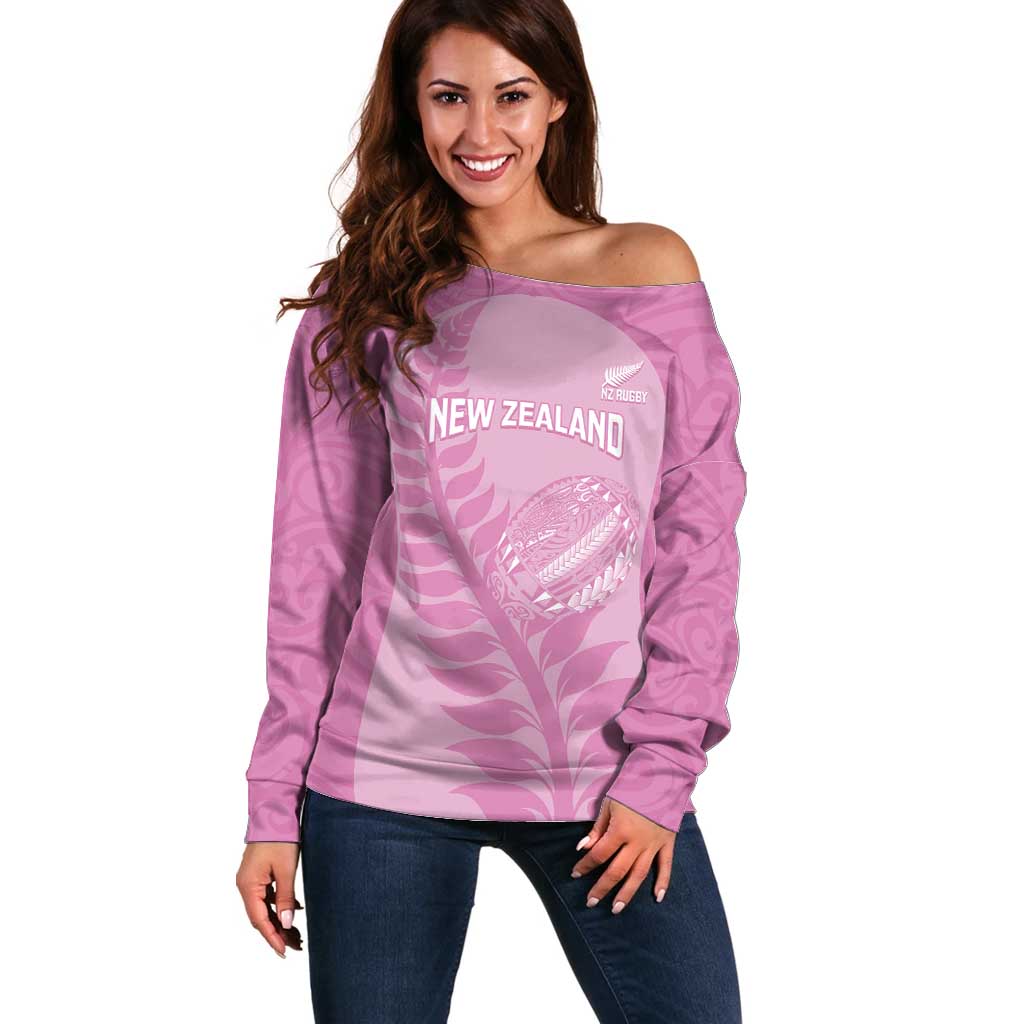 Custom New Zealand Silver Fern Rugby 2025 Off Shoulder Sweater All Black Aotearoa Maori Pink LT14 Women Pink - Polynesian Pride