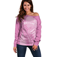 Custom New Zealand Silver Fern Rugby 2025 Off Shoulder Sweater All Black Aotearoa Maori Pink LT14 Women Pink - Polynesian Pride
