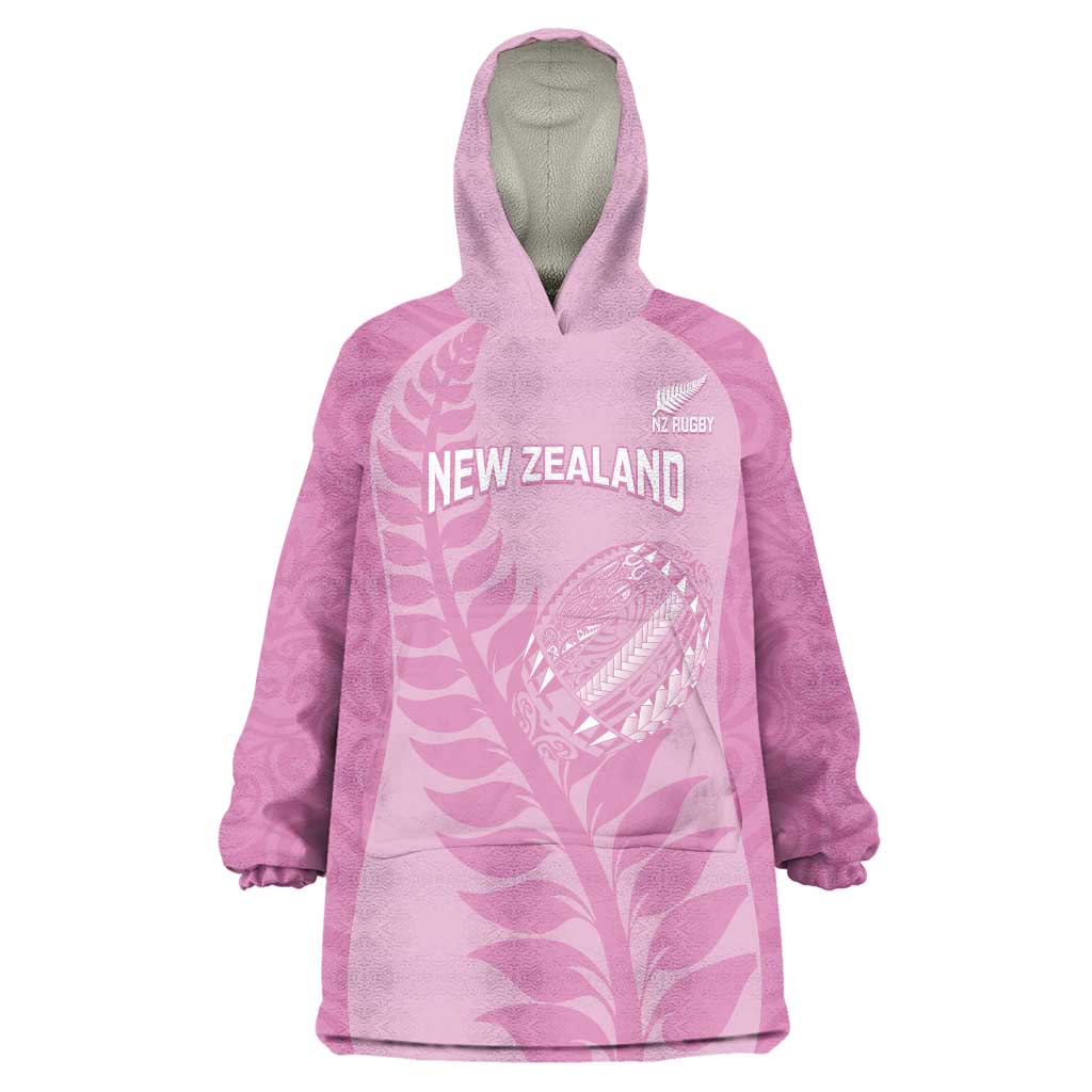 Custom New Zealand Silver Fern Rugby 2025 Wearable Blanket Hoodie All Black Aotearoa Maori Pink LT14 One Size Pink - Polynesian Pride