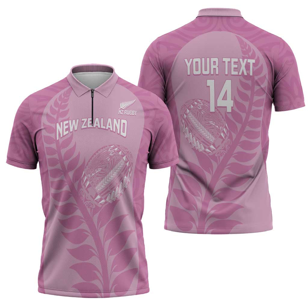 Custom New Zealand Silver Fern Rugby 2025 Zipper Polo Shirt All Black Aotearoa Maori Pink LT14 - Polynesian Pride