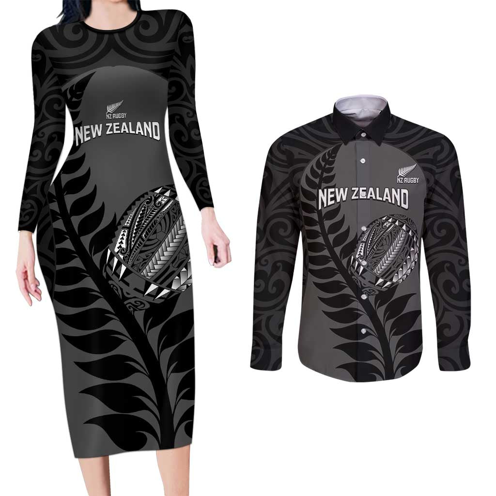 Custom New Zealand Silver Fern Rugby 2025 Couples Matching Long Sleeve Bodycon Dress and Long Sleeve Button Shirt Go Champions Aotearoa Maori Black LT14 Black - Polynesian Pride