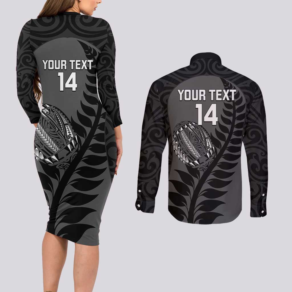Custom New Zealand Silver Fern Rugby 2025 Couples Matching Long Sleeve Bodycon Dress and Long Sleeve Button Shirt Go Champions Aotearoa Maori Black LT14 - Polynesian Pride