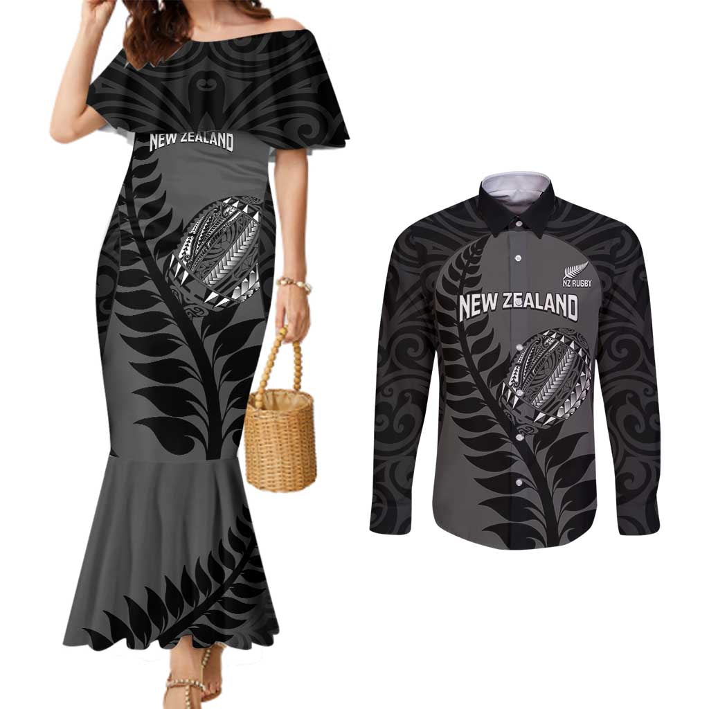 Custom New Zealand Silver Fern Rugby 2025 Couples Matching Mermaid Dress and Long Sleeve Button Shirt Go Champions Aotearoa Maori Black LT14 Black - Polynesian Pride