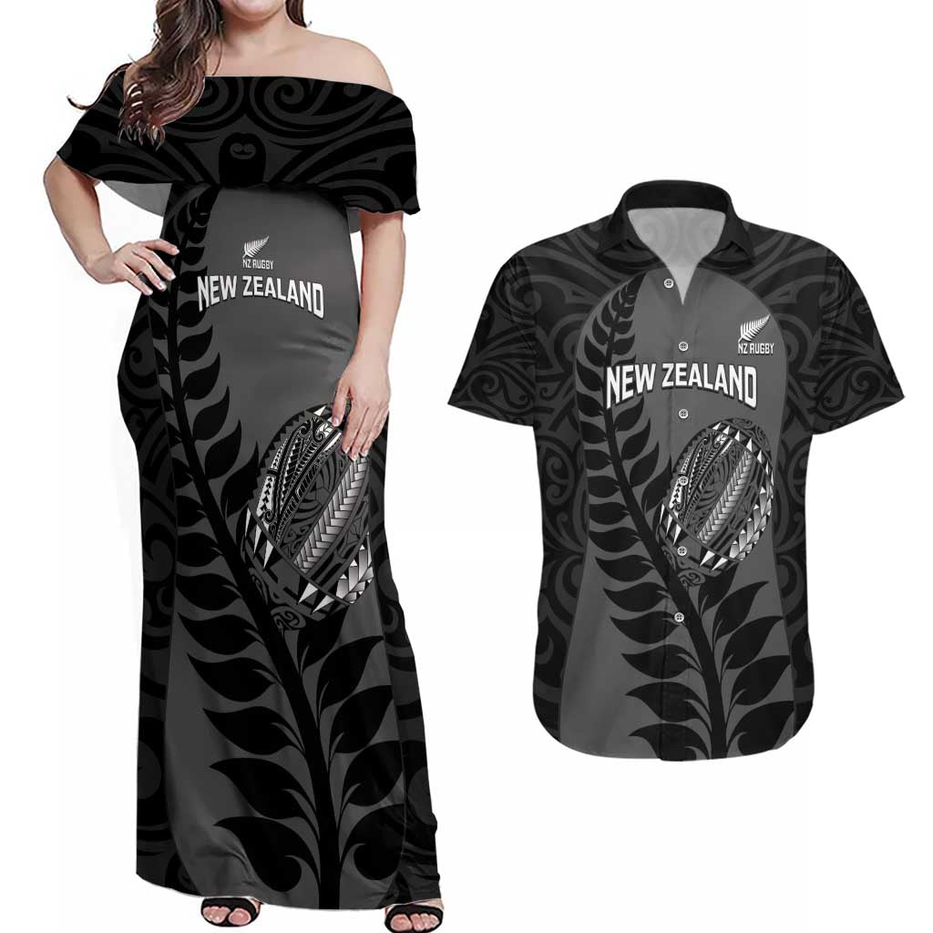 Custom New Zealand Silver Fern Rugby 2025 Couples Matching Off Shoulder Maxi Dress and Hawaiian Shirt Go Champions Aotearoa Maori Black LT14 Black - Polynesian Pride