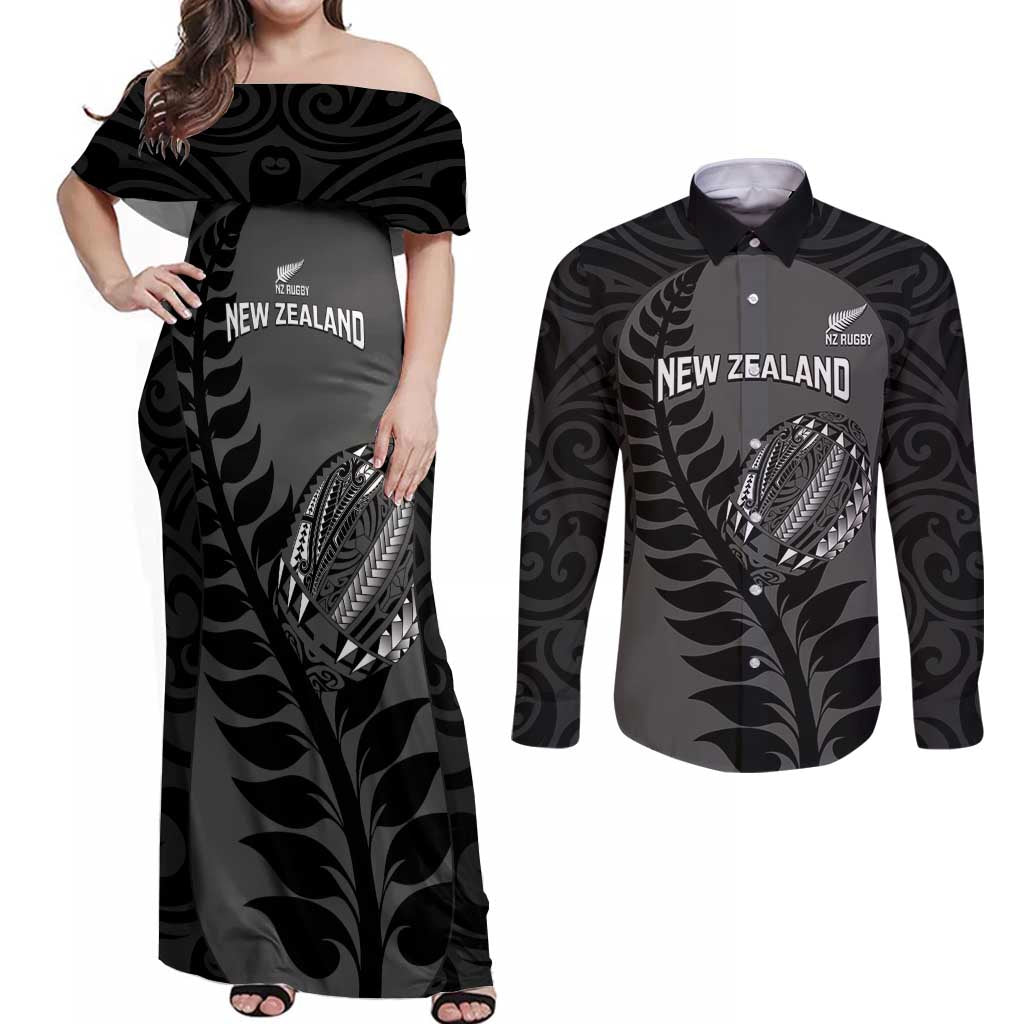 Custom New Zealand Silver Fern Rugby 2025 Couples Matching Off Shoulder Maxi Dress and Long Sleeve Button Shirt Go Champions Aotearoa Maori Black LT14 Black - Polynesian Pride