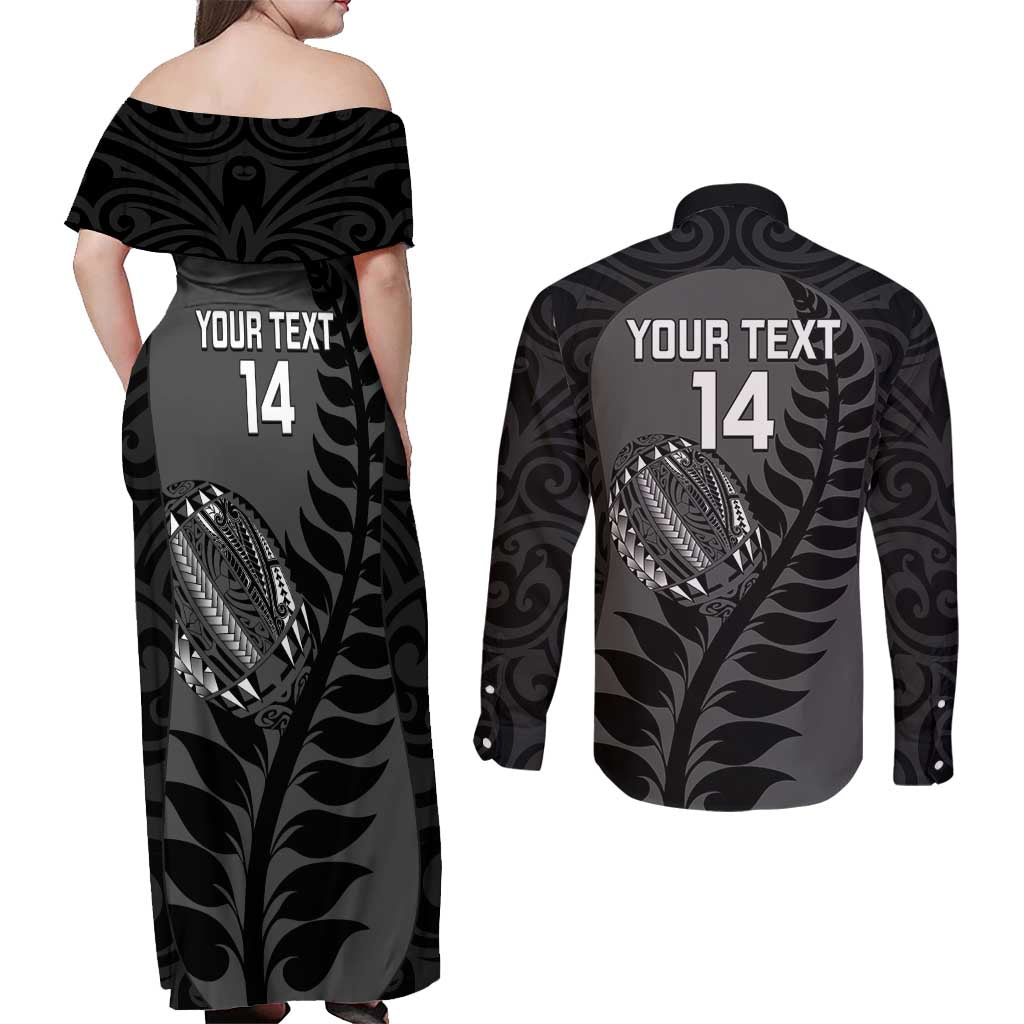 Custom New Zealand Silver Fern Rugby 2025 Couples Matching Off Shoulder Maxi Dress and Long Sleeve Button Shirt Go Champions Aotearoa Maori Black LT14 - Polynesian Pride